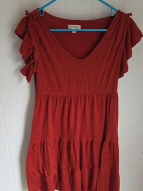 Max Studio Rust-Red Short Sleeve Tiered Mini Dress